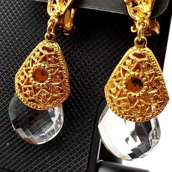 Gold Tone Filigree Clip-On Dangle Earrings Clear Faceted Teardrop Vintg-Inspired - Picture 6 of 9